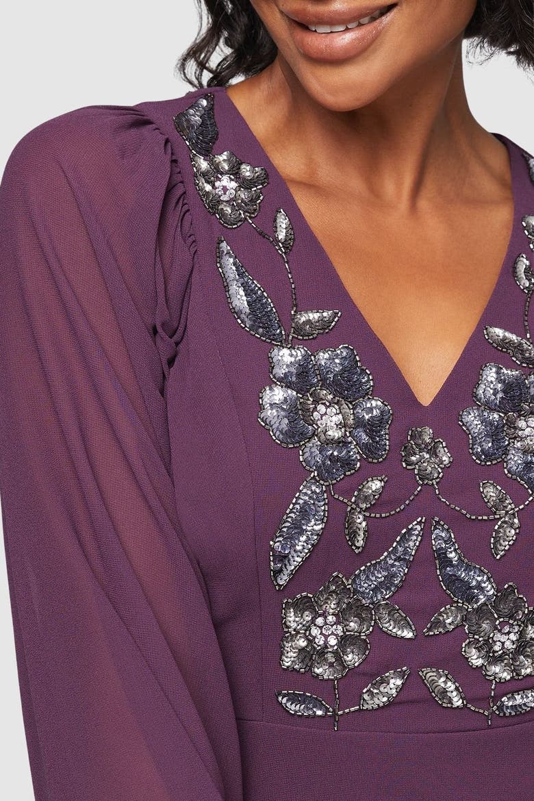 Embellished Balloon Sleeve Midi Dress, Alternate, color, Plum