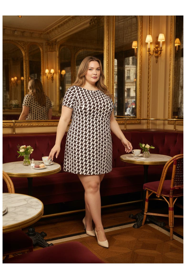 Plus Size Geometric Short Sleeve Round Neck Mini Shift Dress, Alternate, color, Brown Multi