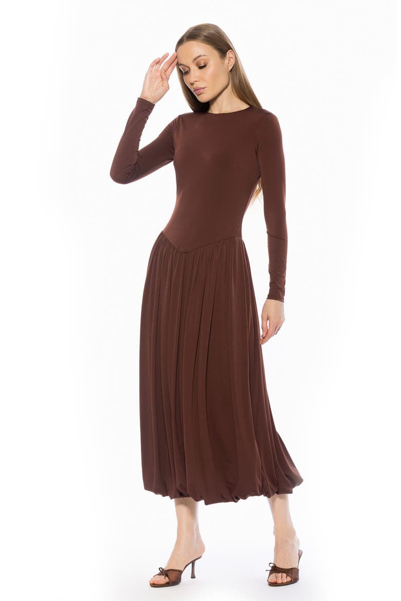 Eero Crewneck Long Sleeve Bubble Hem Midi Dress, Alternate, color, BROWN