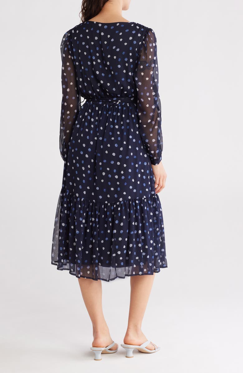 DKNY Polka Dot Long Sleeve Chiffon Midi Dress, Alternate, color, Navy Multi