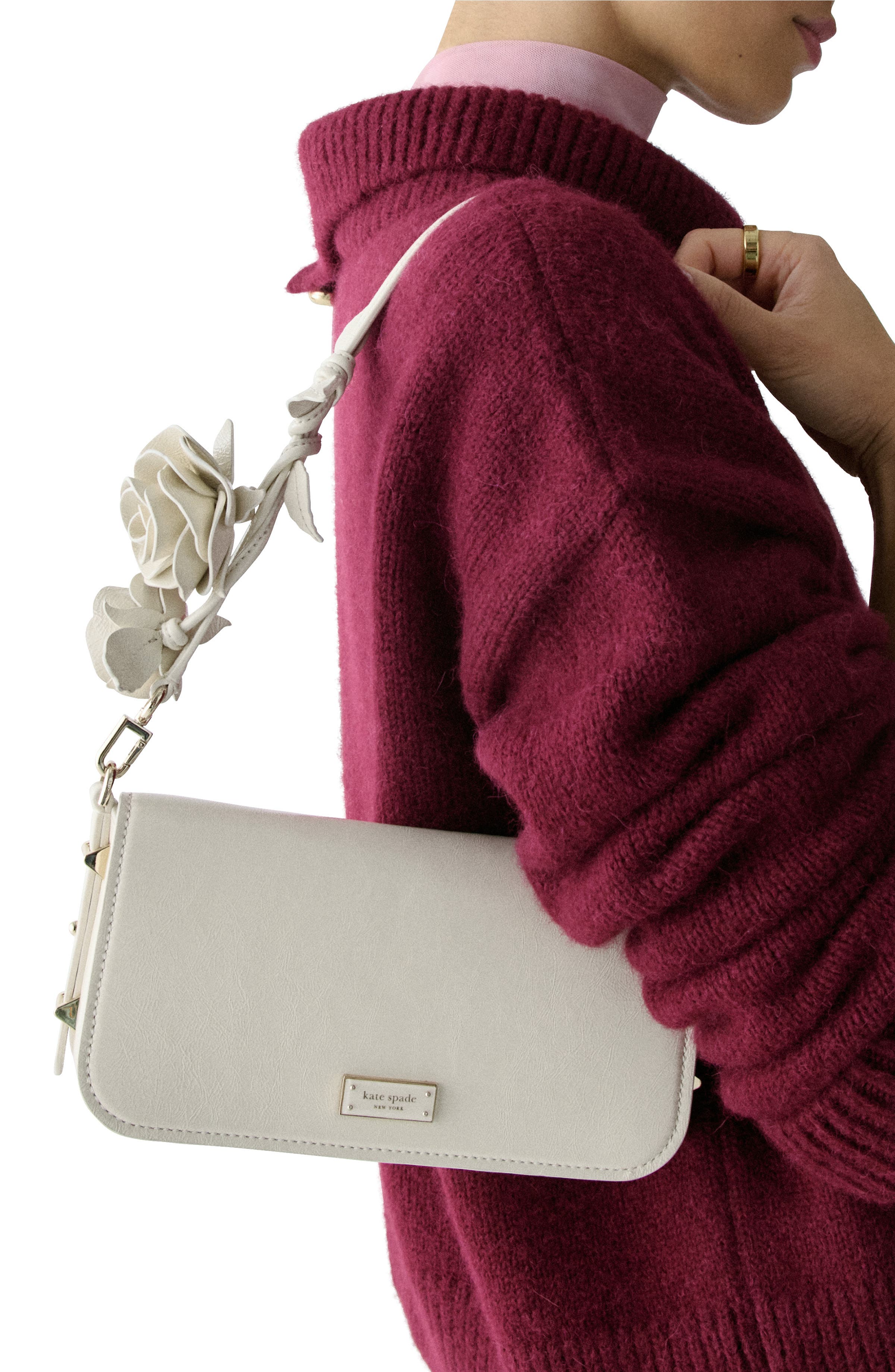 Kate Spade New York liv floral applique leather shoulder bag, Alternate, color, Cashew Milk