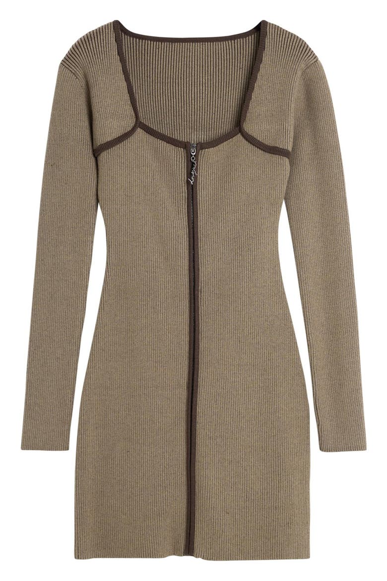 Rib Front Zip Minidress, Alternate, color, BROWN