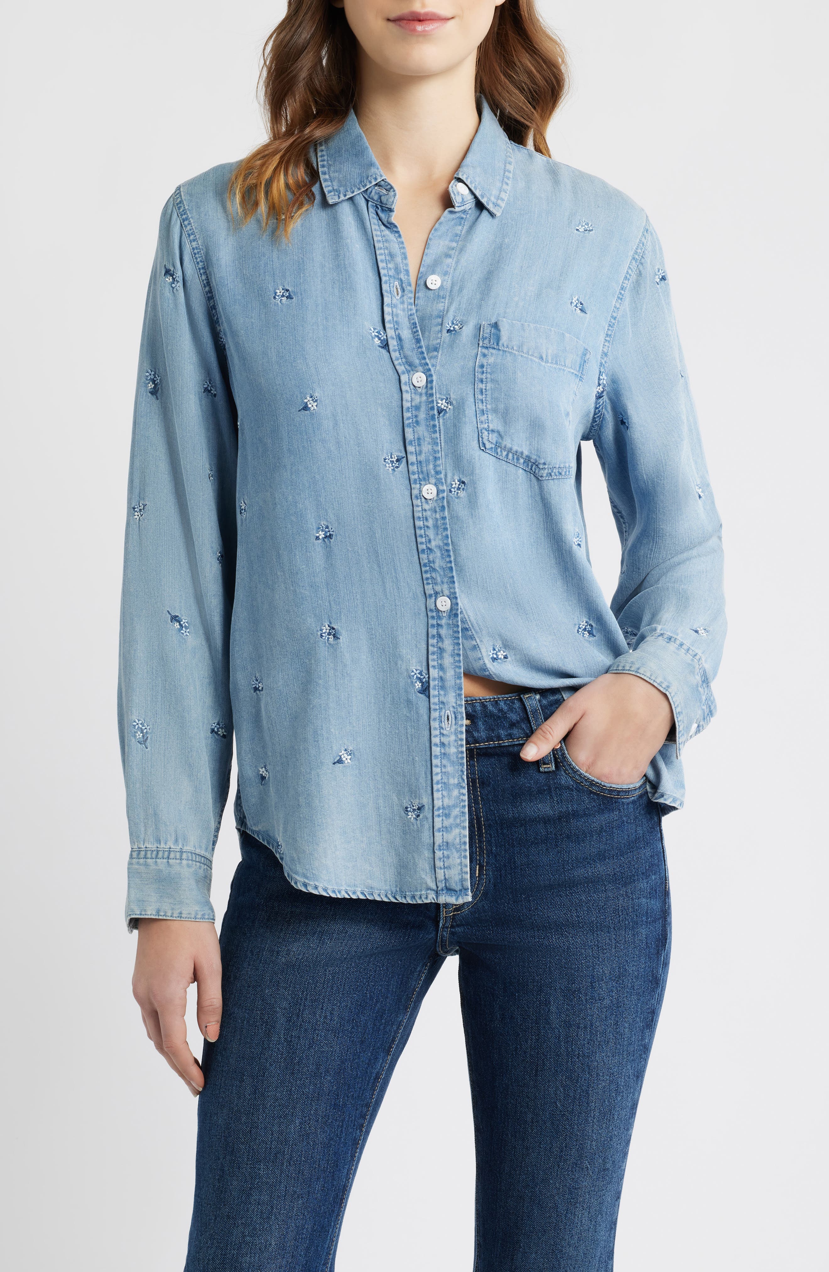 Ingrid Floral Embroidered Chambray Button-Up Shirt