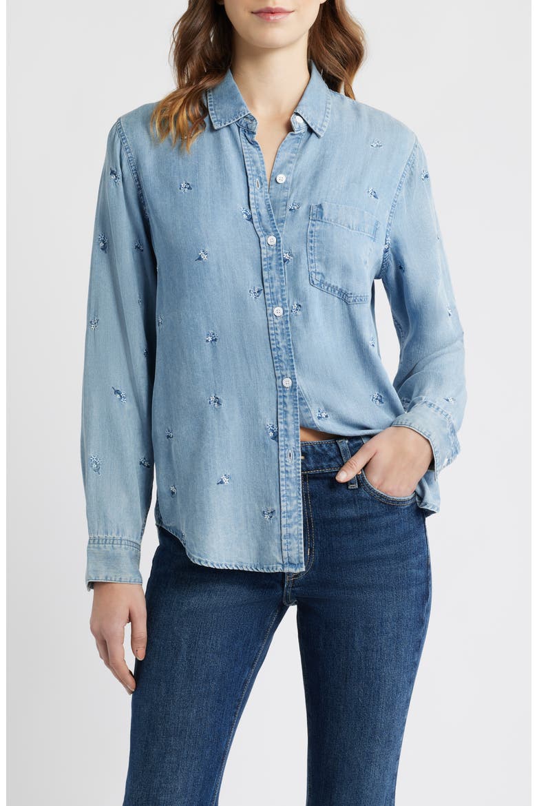 Ingrid Floral Embroidered Chambray Button-Up Shirt, Main, color, BLUE BLOSSOMS