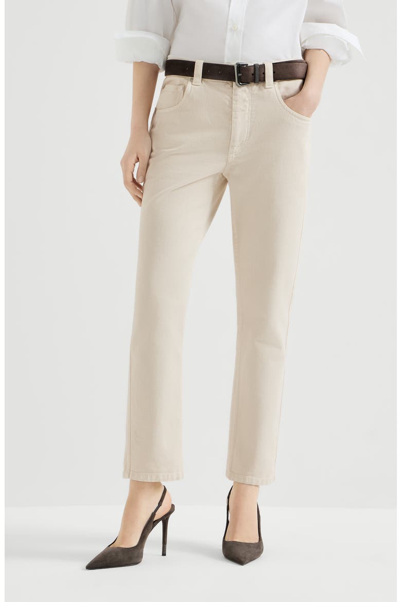 Dyed denim five-pocket straight trousers with shiny bartack, Main, color, Milk