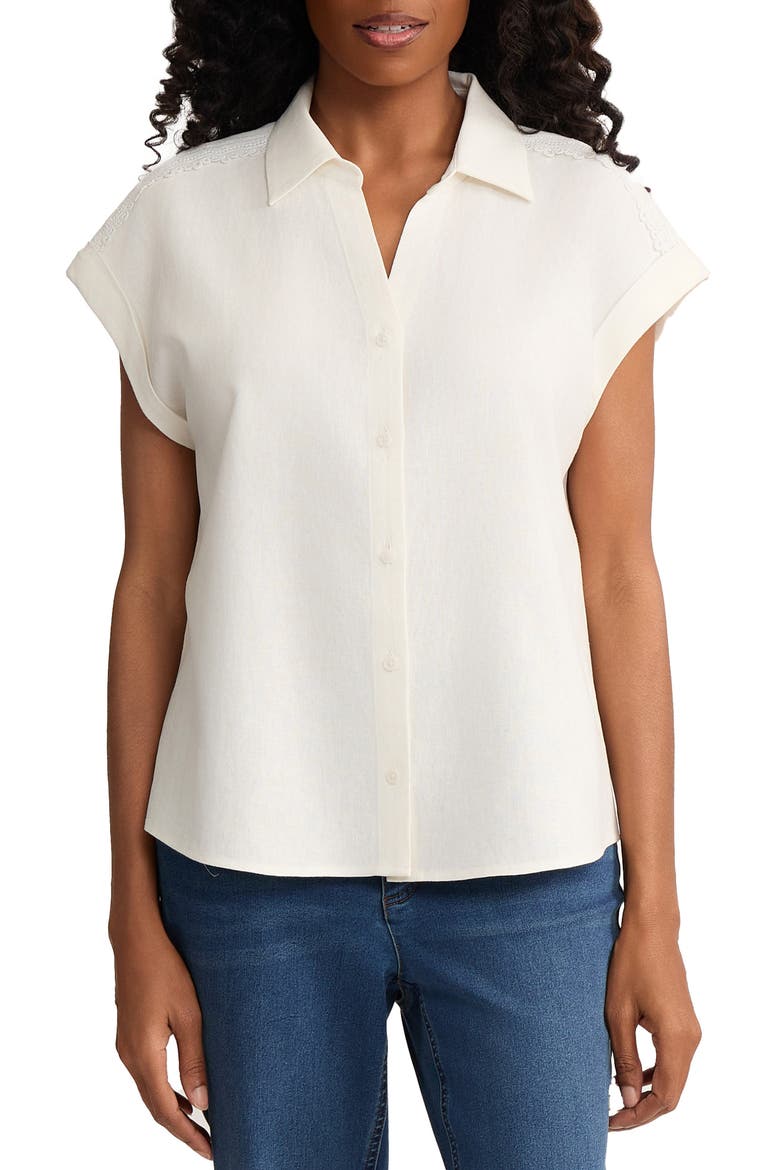 Lace Detail Linen Blend Button-Up Shirt, Main, color, NATURAL WHITE