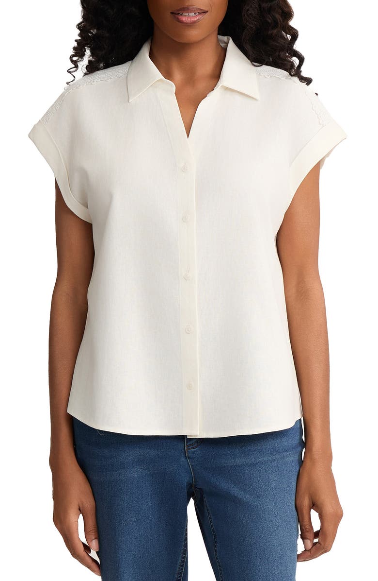 Jones New York Lace Detail Linen Blend Button-Up Shirt, Main, color, Natural White