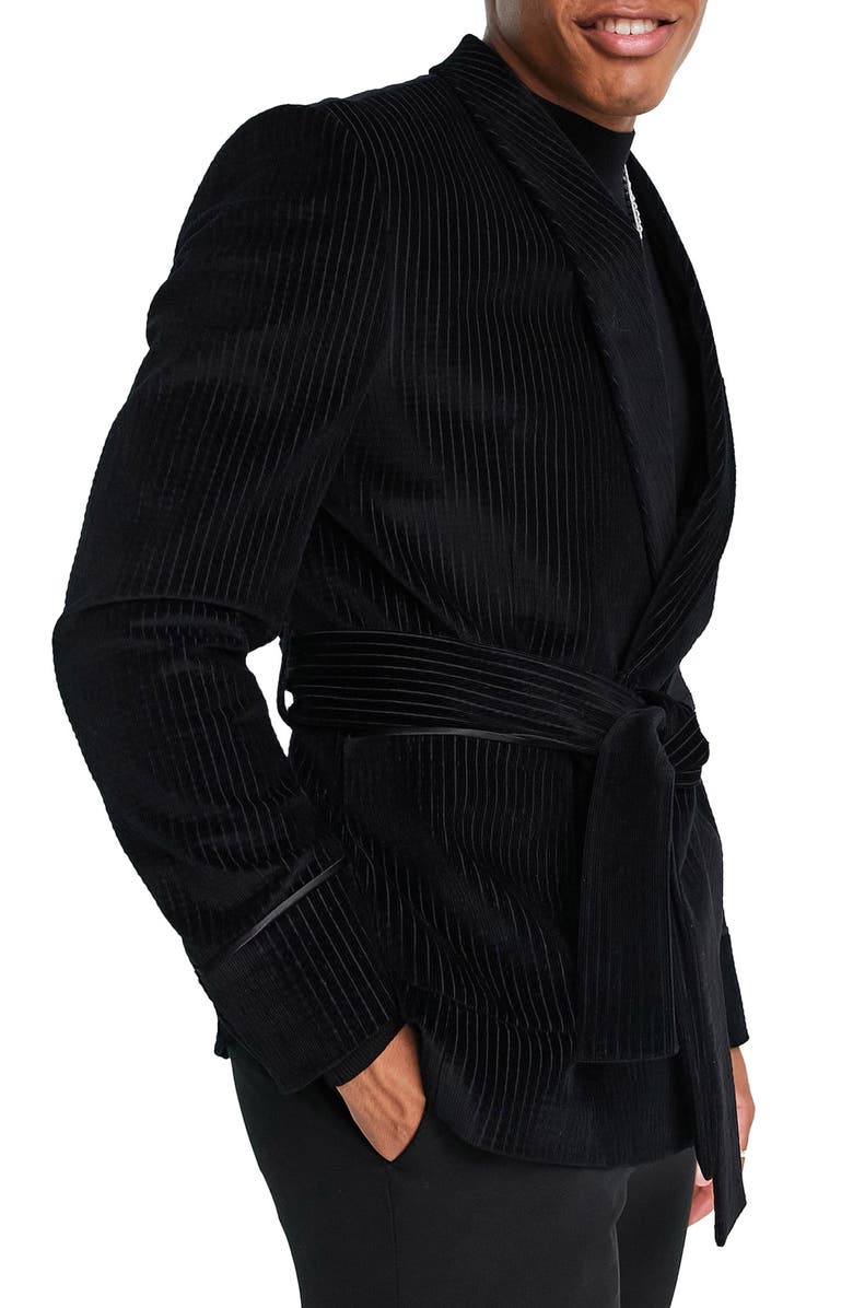 Topman Pinstripe Belted Velvet Suit Jacket, Alternate, color,