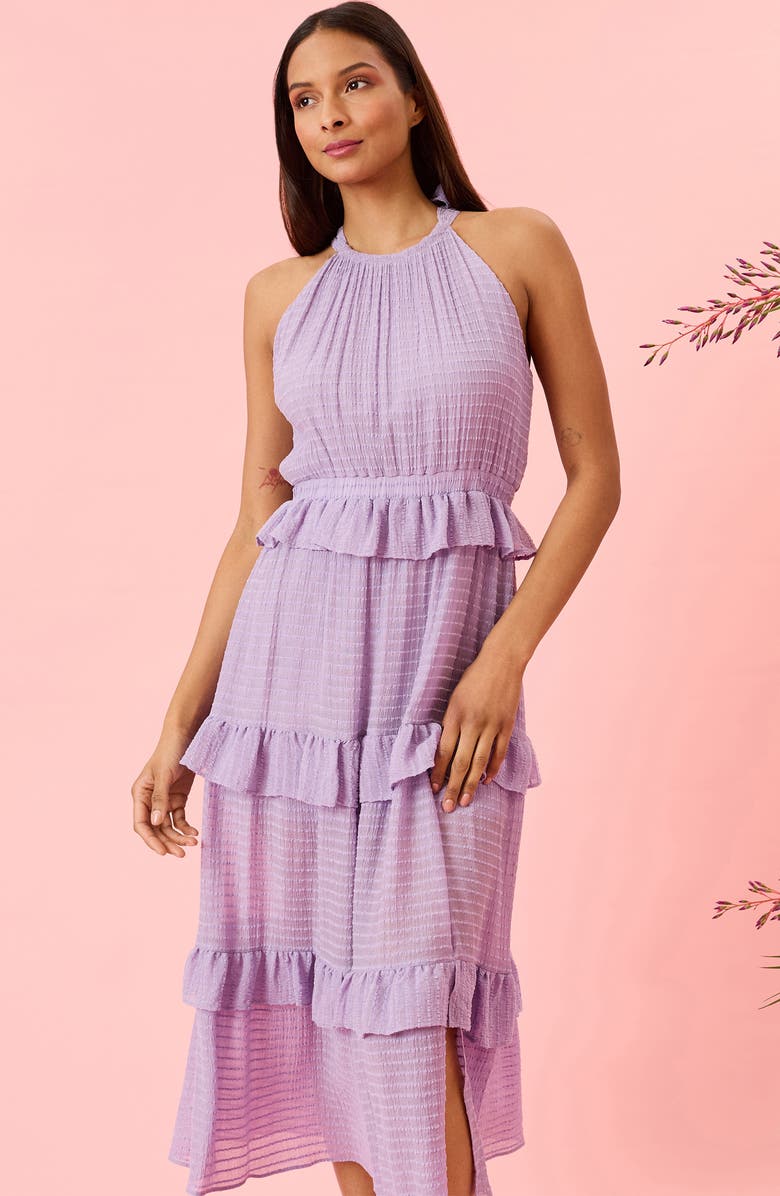 DONNA MORGAN FOR MAGGY Halter Neck Ruffle Tiered Midi Dress, Alternate, color, Lilac