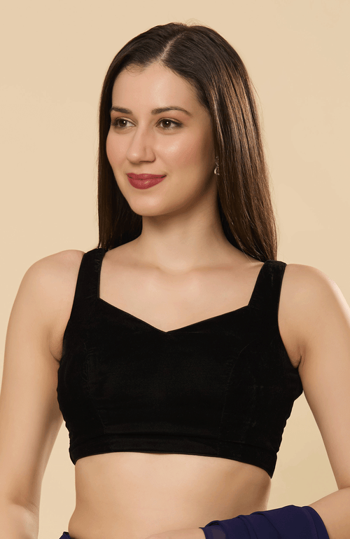 One Minute Saree® Ayla Black Velvet Pentagon Neck Tie-back Blouse