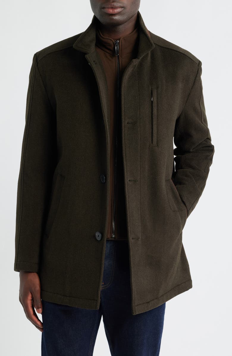 Johnston & Murphy Upton Luxe 175th Anniversary Brown Wool Blend Car Coat with Removable Suede Bib, Main, color, Loden