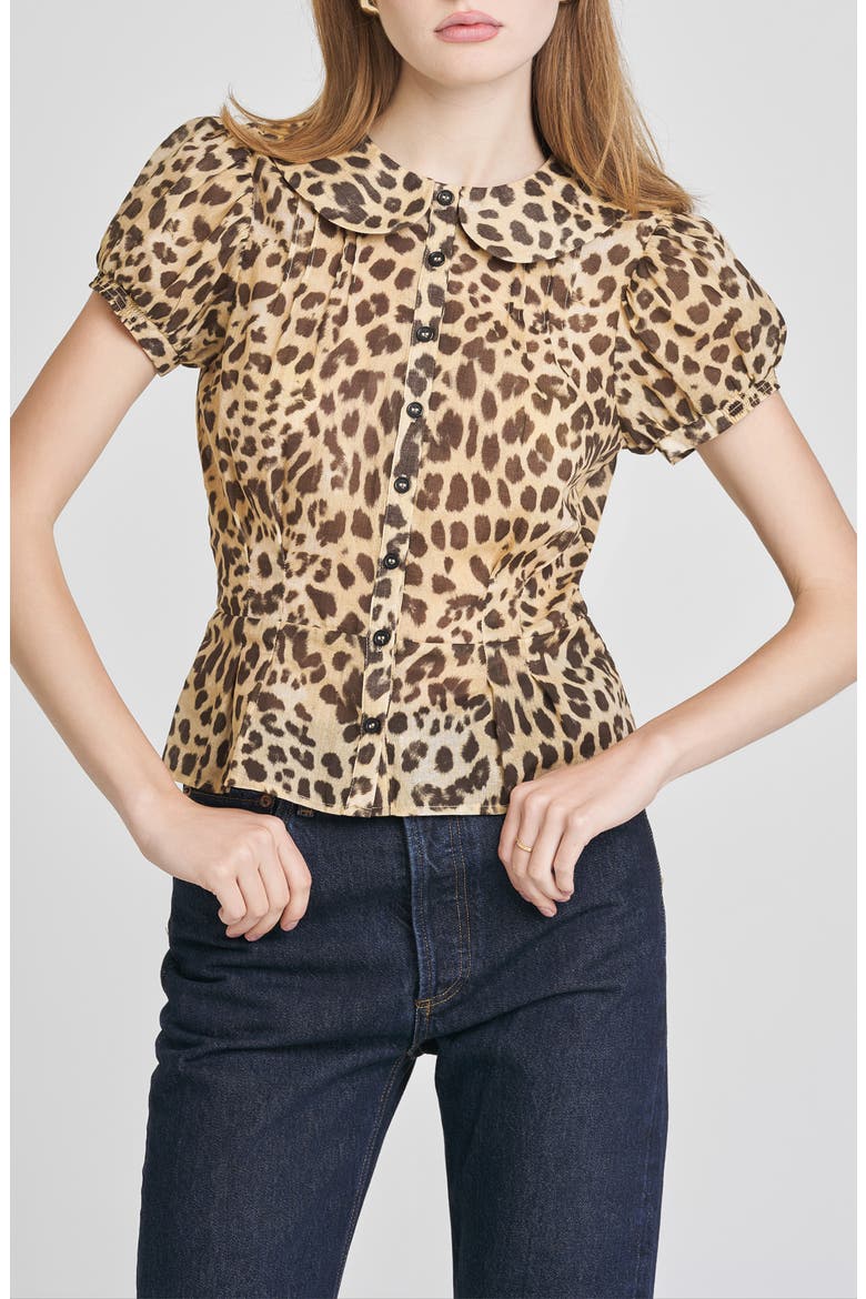 Kit Puff Sleeve Semisheer Cotton Peplum Top, Main, color, LEOPARD