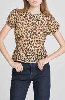 WAYF Kit Puff Sleeve Semisheer Cotton Peplum Top
