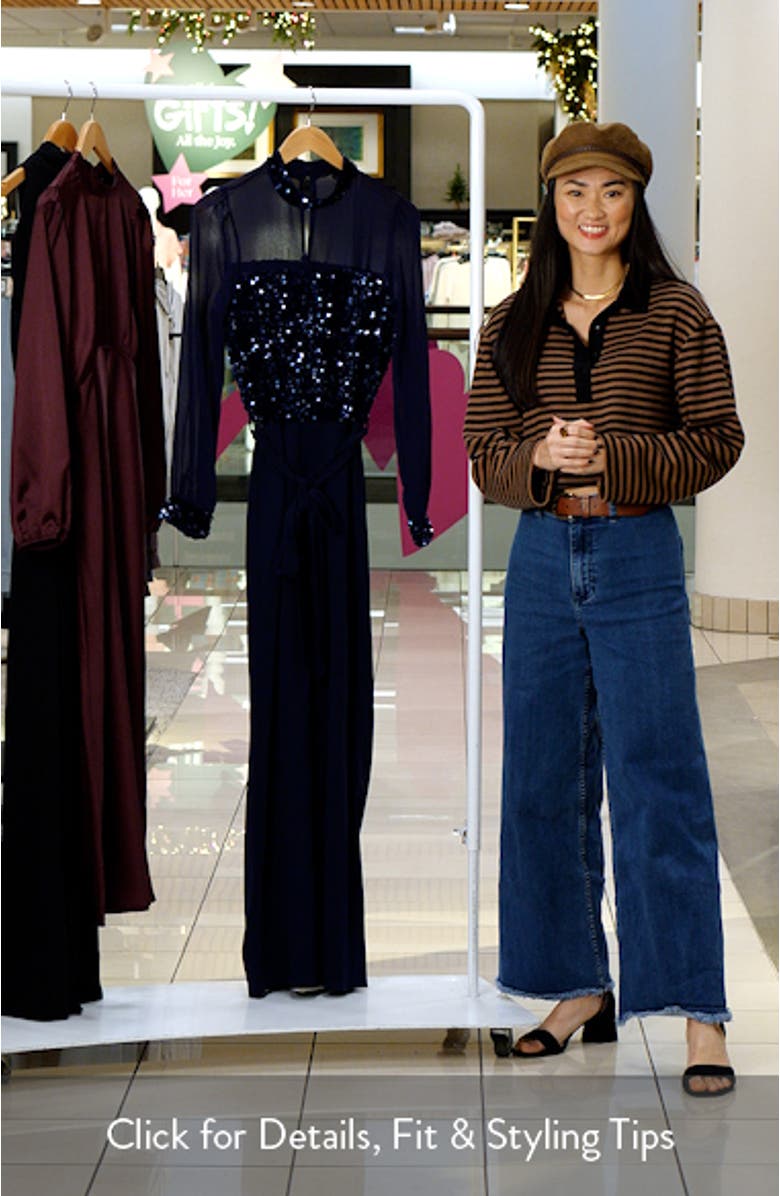 Sequin Mixed Media Long Sleeve Jumpsuit, sales video thumbnail