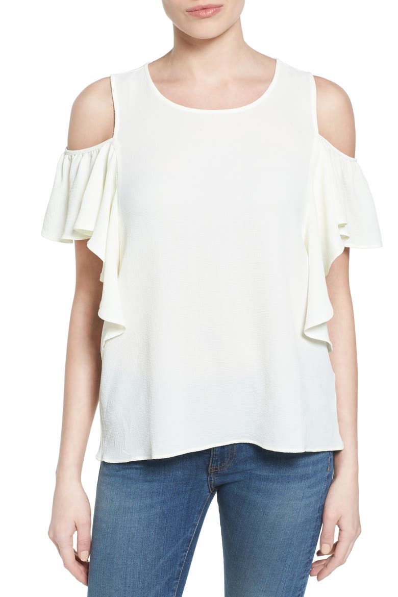 Cold Shoulder Ruffle Sleeve Top, Main, color, IVORY