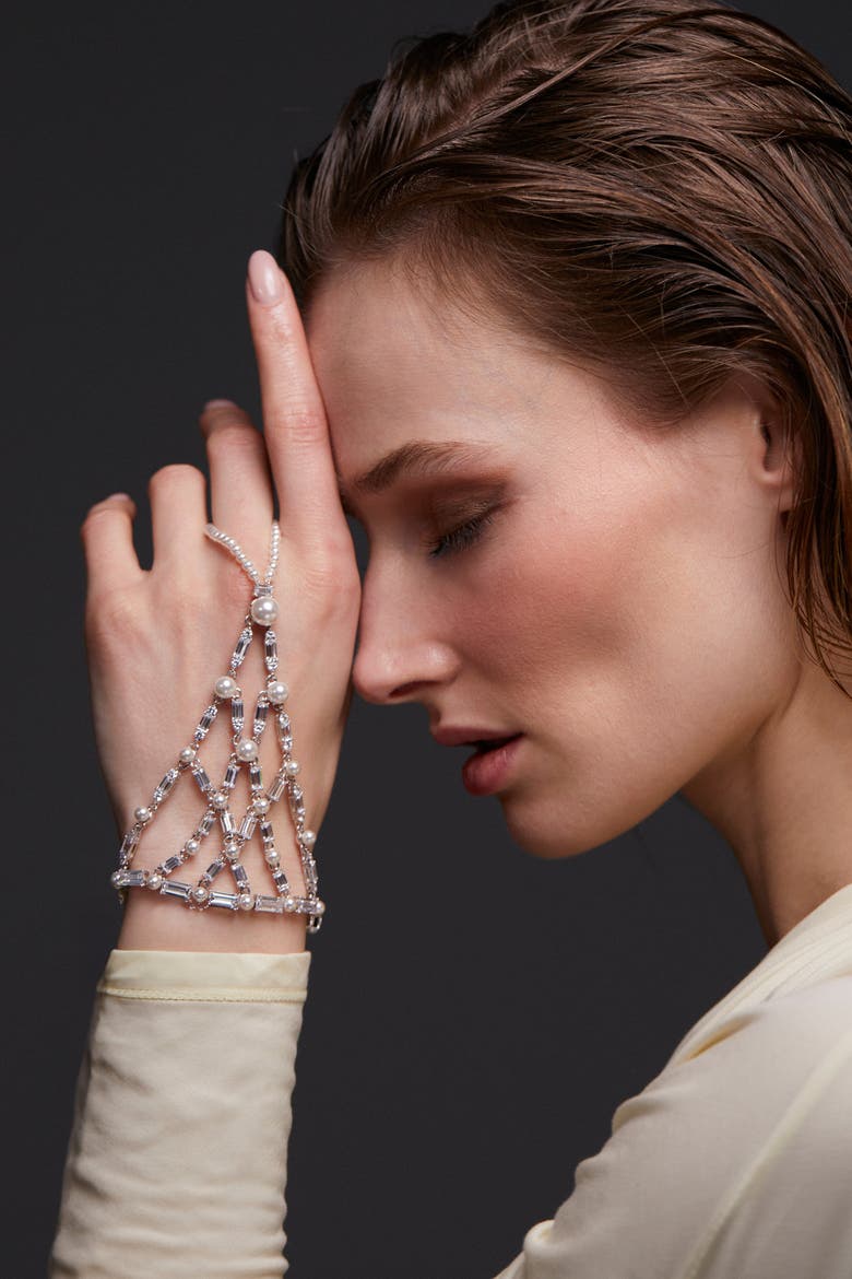 Ingrid Flower Hand Chain Bracelet, Alternate, color, Rhodium