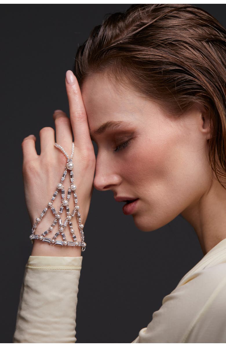 Nadri Ingrid Flower Hand Chain Bracelet, Alternate, color, Rhodium