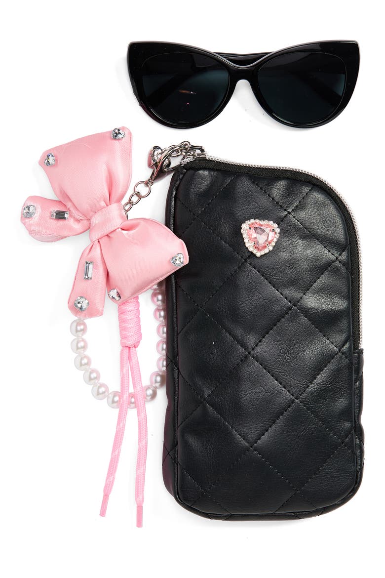 Kids' Cat Eye Sunglasses & Heart Zip Around Case Set, Main, color, BLACK