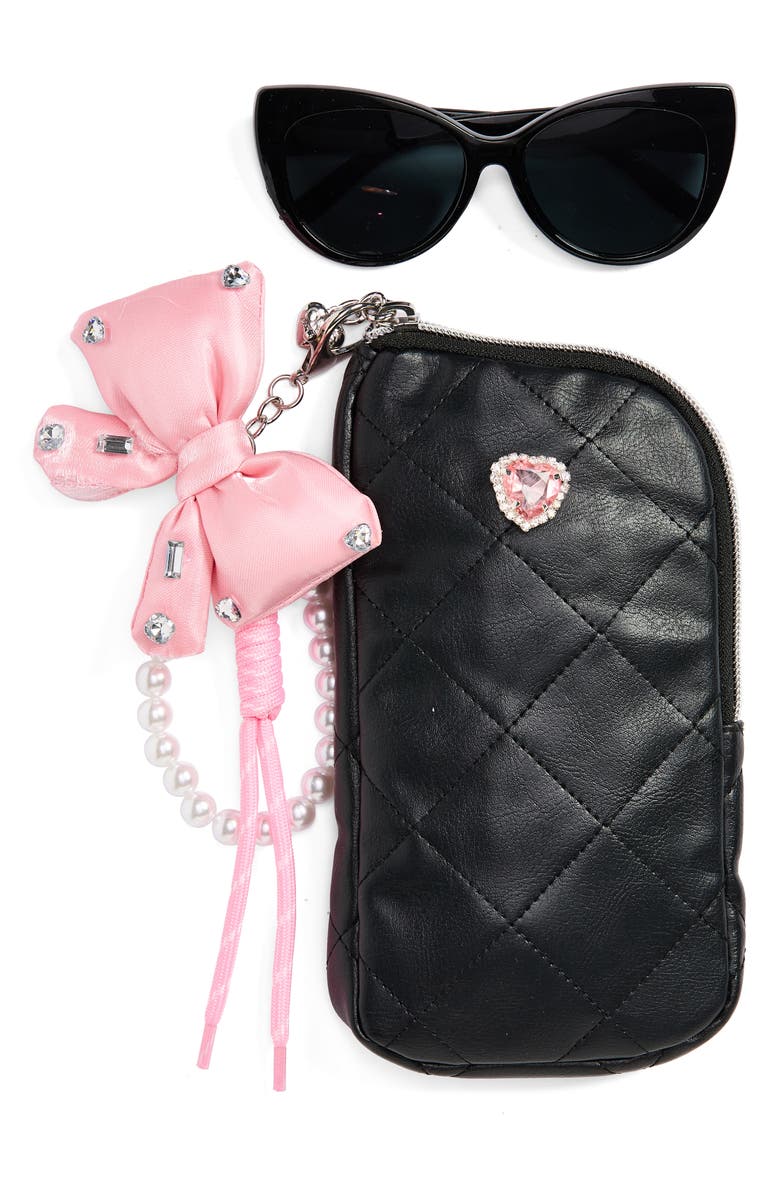 OMG Accessories Kids' Cat Eye Sunglasses & Heart Zip Around Case Set, Main, color, Black