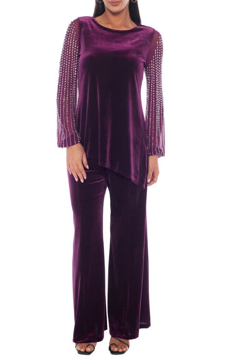 Velvet Embellished Sleeve Top & Flare Pants Set