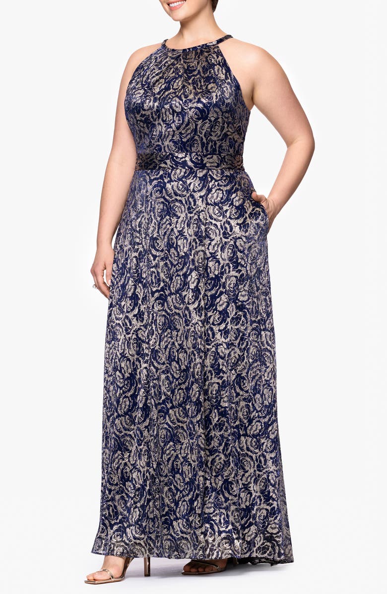 Betsy & Adam Foil Sleeveless Gown, Alternate, color,