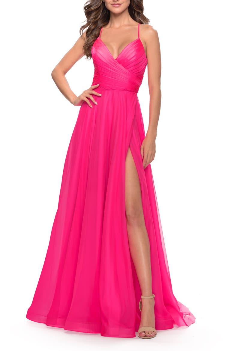 Chiffon Prom Dress with Ruched Bodice and Slit, Main, color, Neon Pink