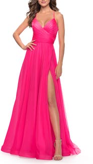 La Femme Chiffon Prom Dress with Ruched Bodice and Slit