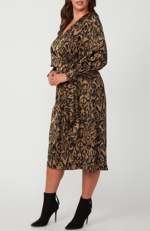 Estelle Serenity Long Sleeve Satin Twill Faux Wrap Midi Dress In Print