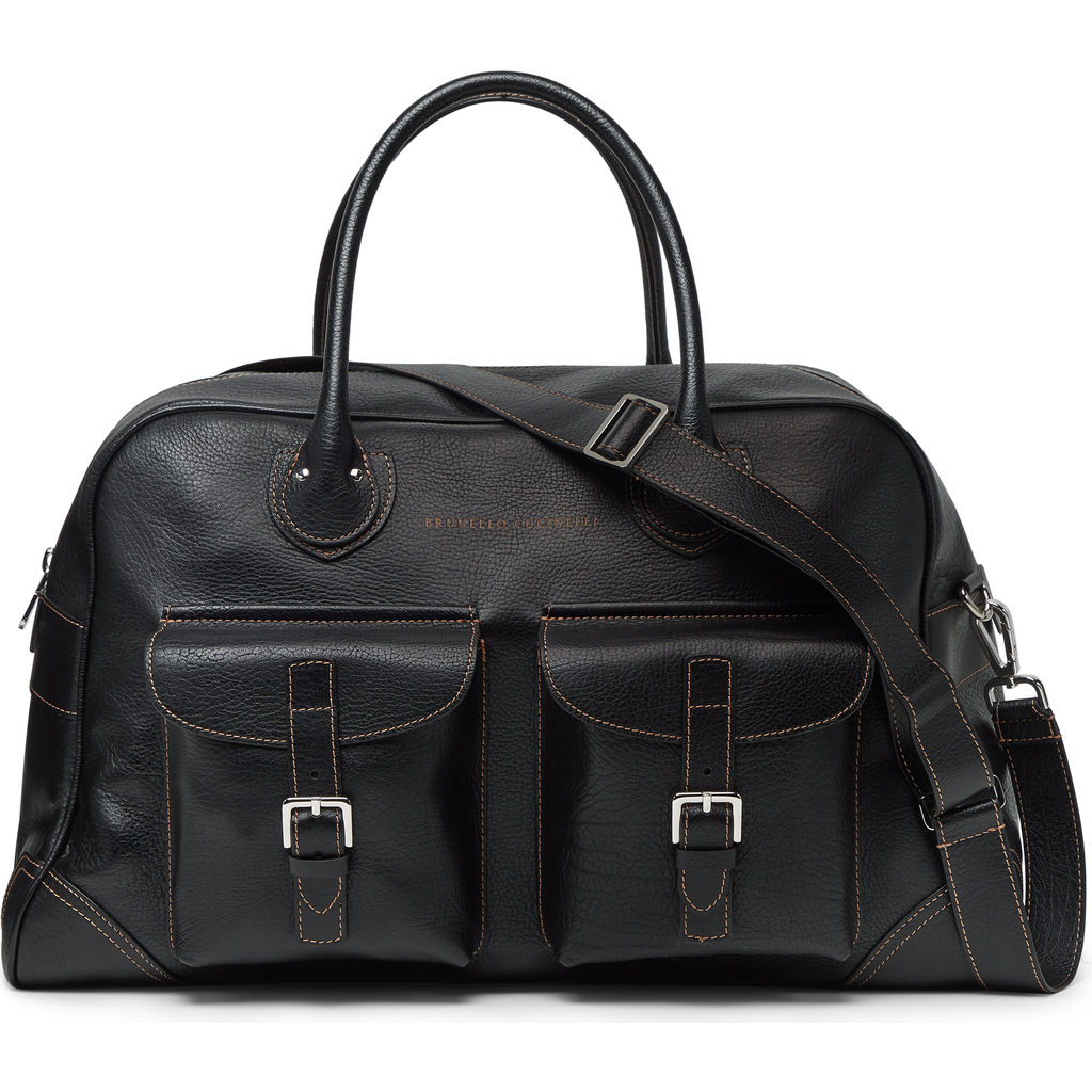 Brunello Cucinelli Grained Calfskin Weekender Bag In Black