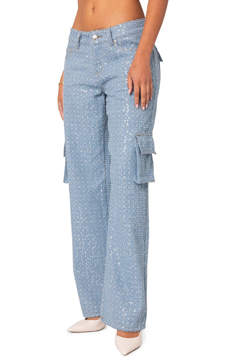 Icing Sequin Low Rise Cargo Jeans, Alternate, color, LIGHT-BLUE