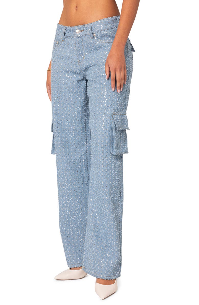 EDIKTED Icing Sequin Low Rise Cargo Jeans, Alternate, color, Light-Blue