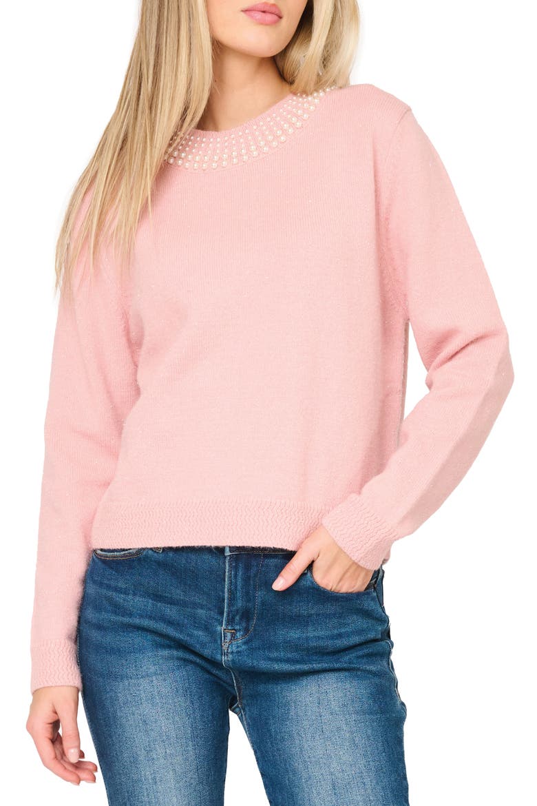 Soirée Imitation Pearl Embellished Sweater, Main, color, PINK SMOKE