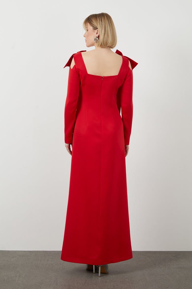 Shoulder Bow Detail Lined Formal Red Dress, Alternate, color, Red