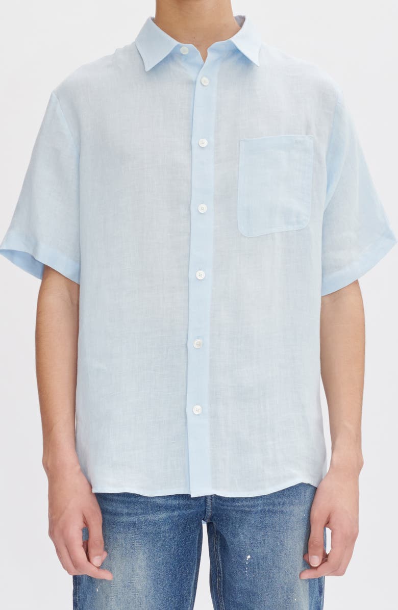 A.P.C. Bellini Logo Embroidered Short Sleeve Linen Button-Up Shirt, Alternate, color, Iab Light Blue