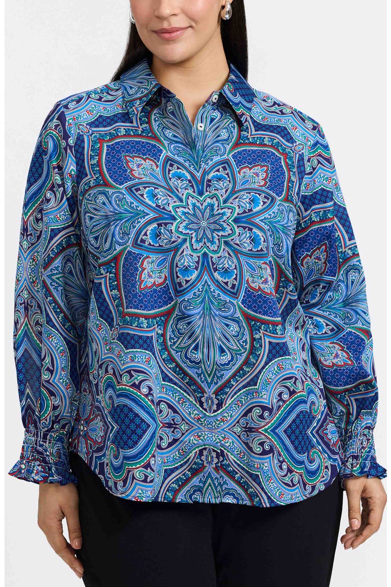 Olivia Printed Smocked Cuff Cotton Button-Up Shirt, Main, color, BLUE MULTI