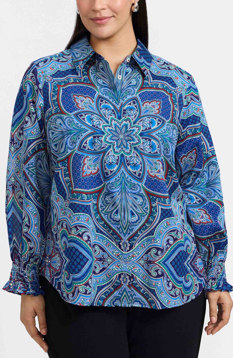Foxcroft Olivia Printed Smocked Cuff Cotton Button-Up Shirt, Main, color, Blue Multi