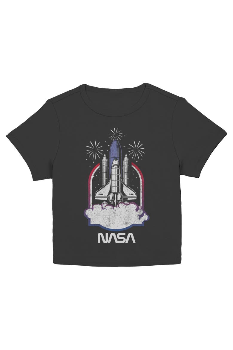 Junior's Distressed Space Shuttle Launch Short Sleeve Baby T-Shirt, Main, color, Black