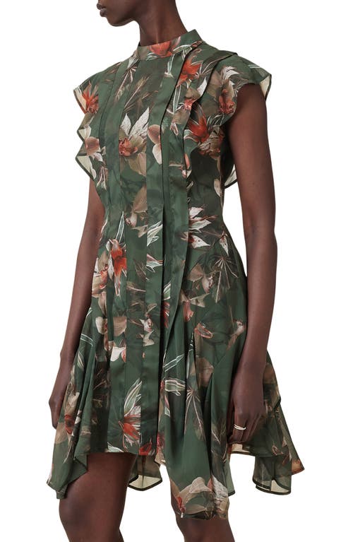 Allsaints Womens Adena Khaki Gr Fleur Floral-print Asymmetric-hem Woven Mini Dress