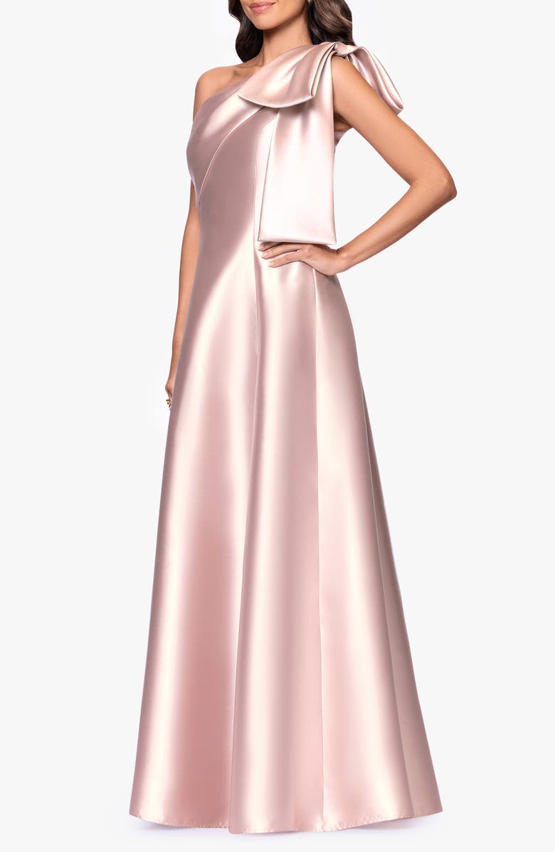 Betsy & Adam Bow Detail One-Shoulder Mikado Fit & Flare Gown, Alternate, color, Blush