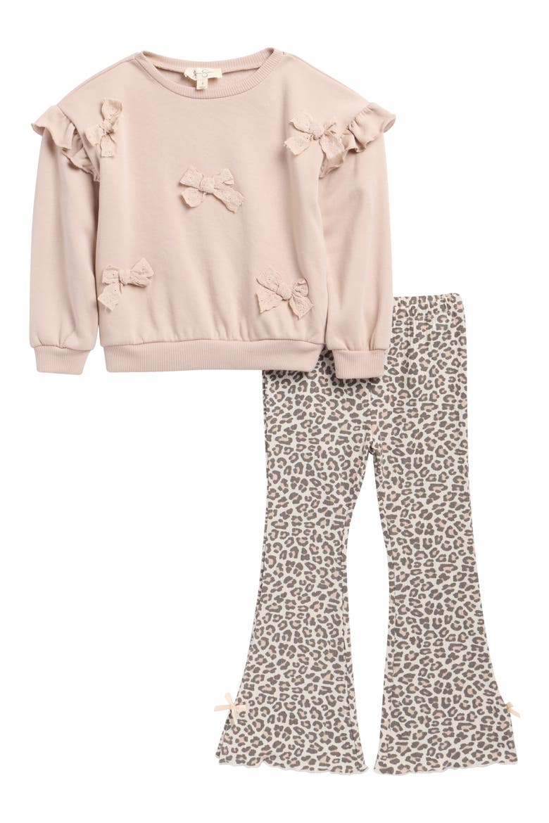 Kids' Bow Pullover & Leopard Print Wide Leg Pants Set, Main, color, MUSHROOM
