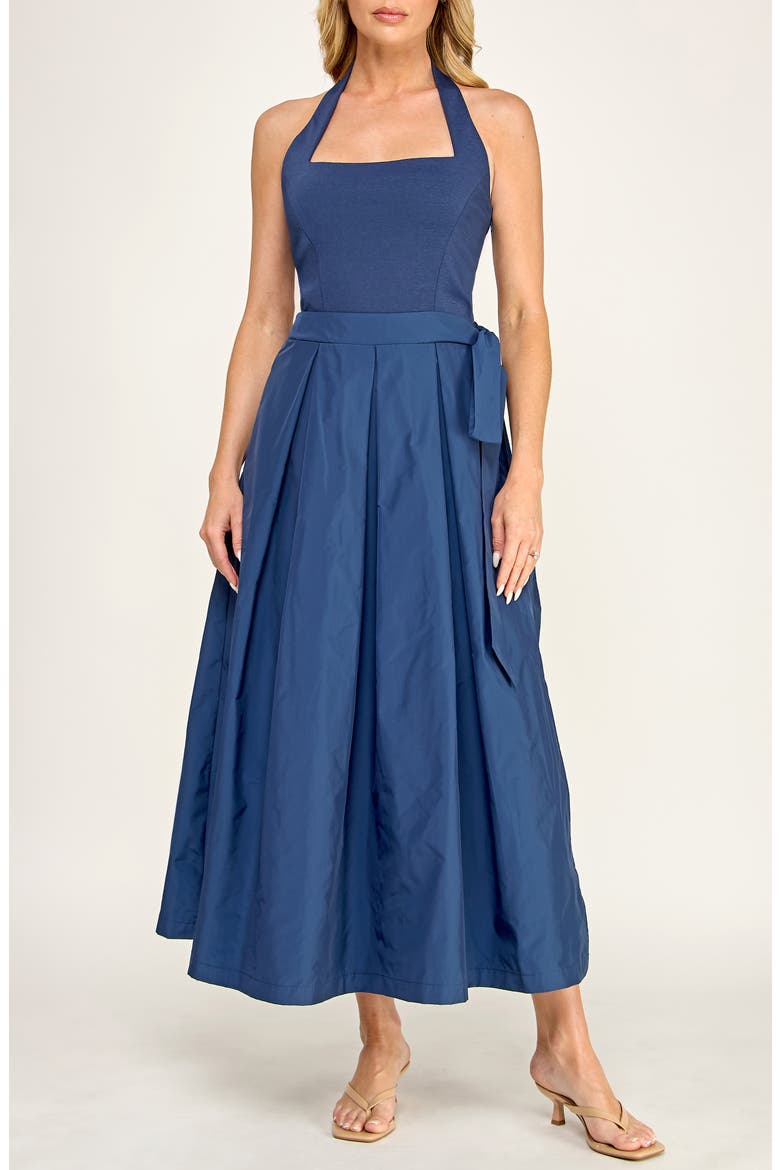 Halter Neck Mixed Media Midi Dress, Main, color, NAVY