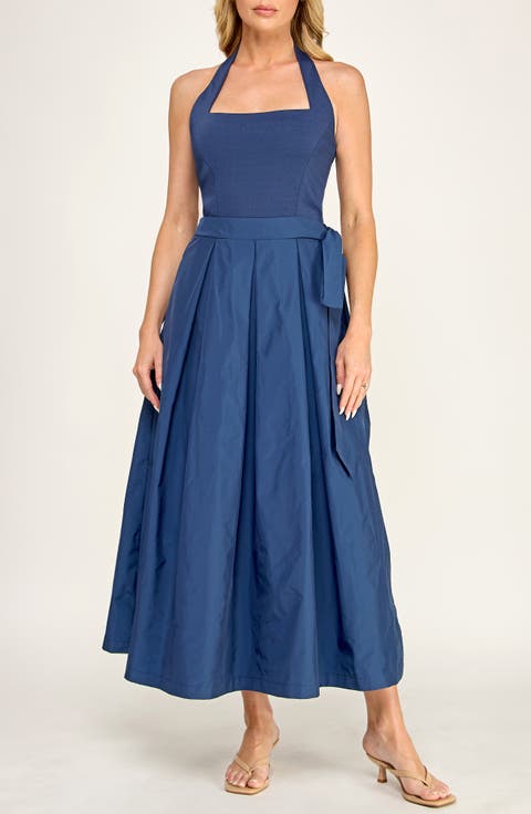 Halter Neck Mixed Media Midi Dress