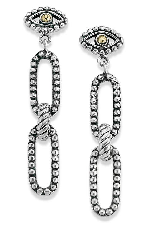 18K Gold & Sterling Silver Evil Eye Paper Clip Link Drop Earrings