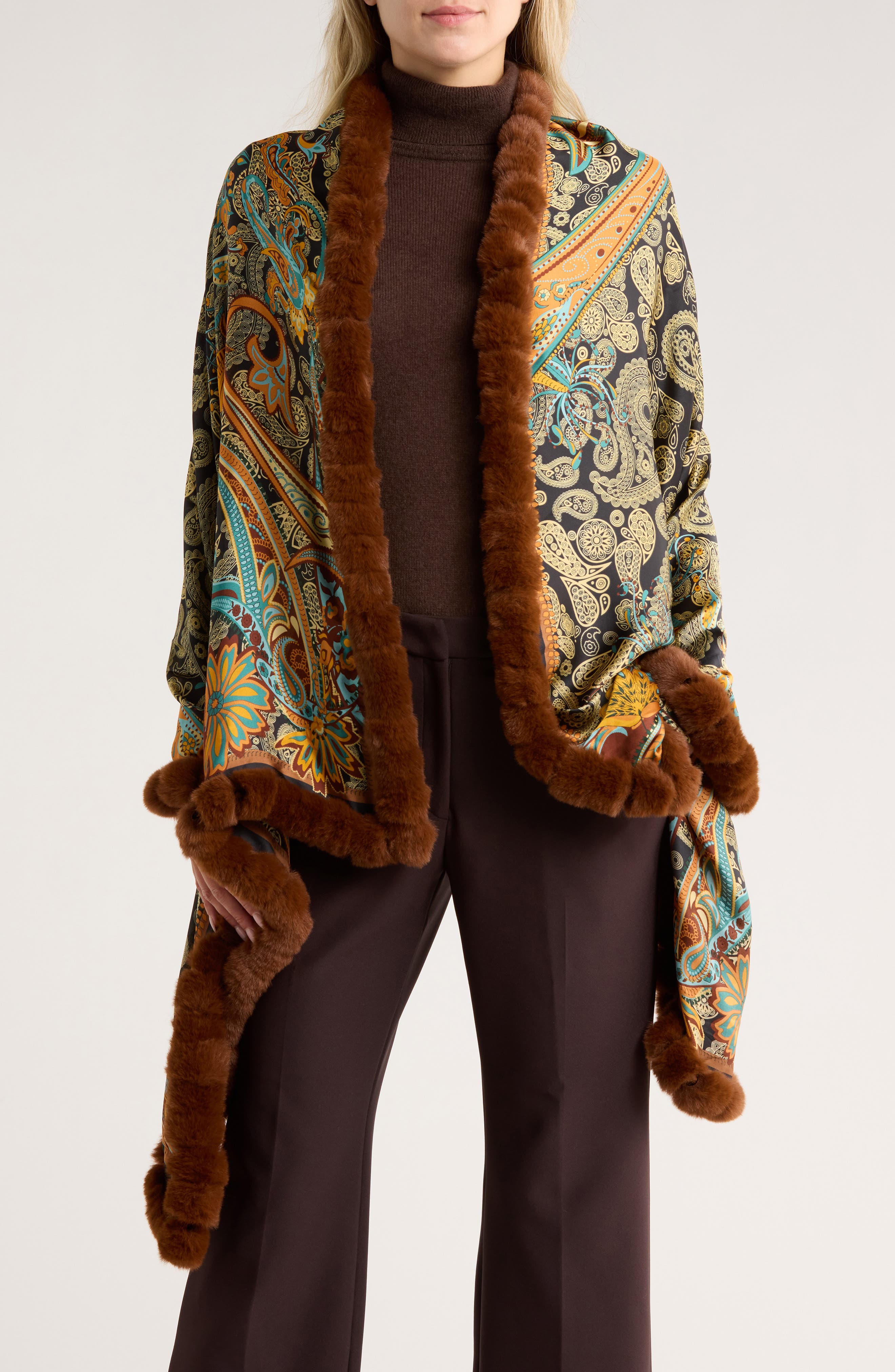 La Fiorentina Paisley Wrap Scarf with Faux Fur Trim