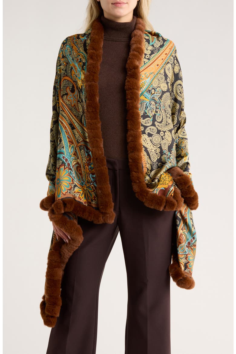 Paisley Wrap Scarf with Faux Fur Trim, Main, color, BROWN