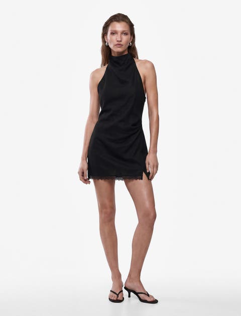 Linen Blend Sleeveless Funnel Neck Satin Mini Dress with Lace Detail