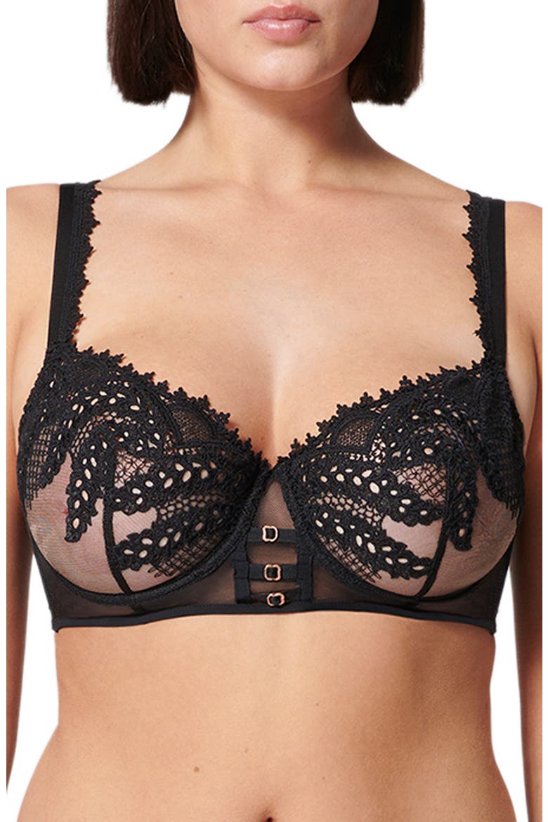 Mystic Underwire Embroidered Mesh Demi Bra, Main, color, BLACK