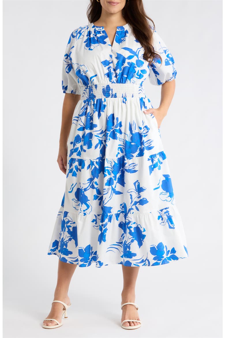 Aby Floral Hacienda Puff Sleeve Midi Dress, Main, color, WHITE-COBALT-MULTI