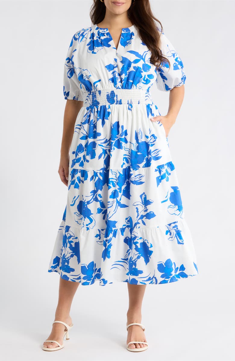 SUGARLIPS Aby Floral Hacienda Puff Sleeve Midi Dress, Main, color, White-Cobalt-Multi