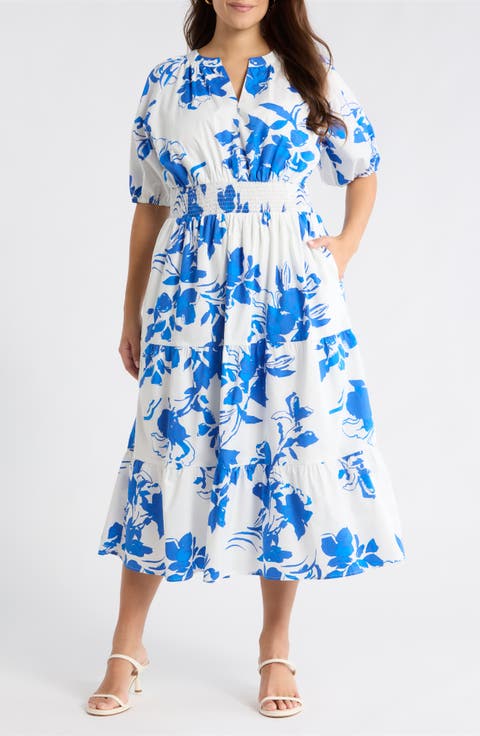 Aby Floral Hacienda Puff Sleeve Midi Dress (Plus)